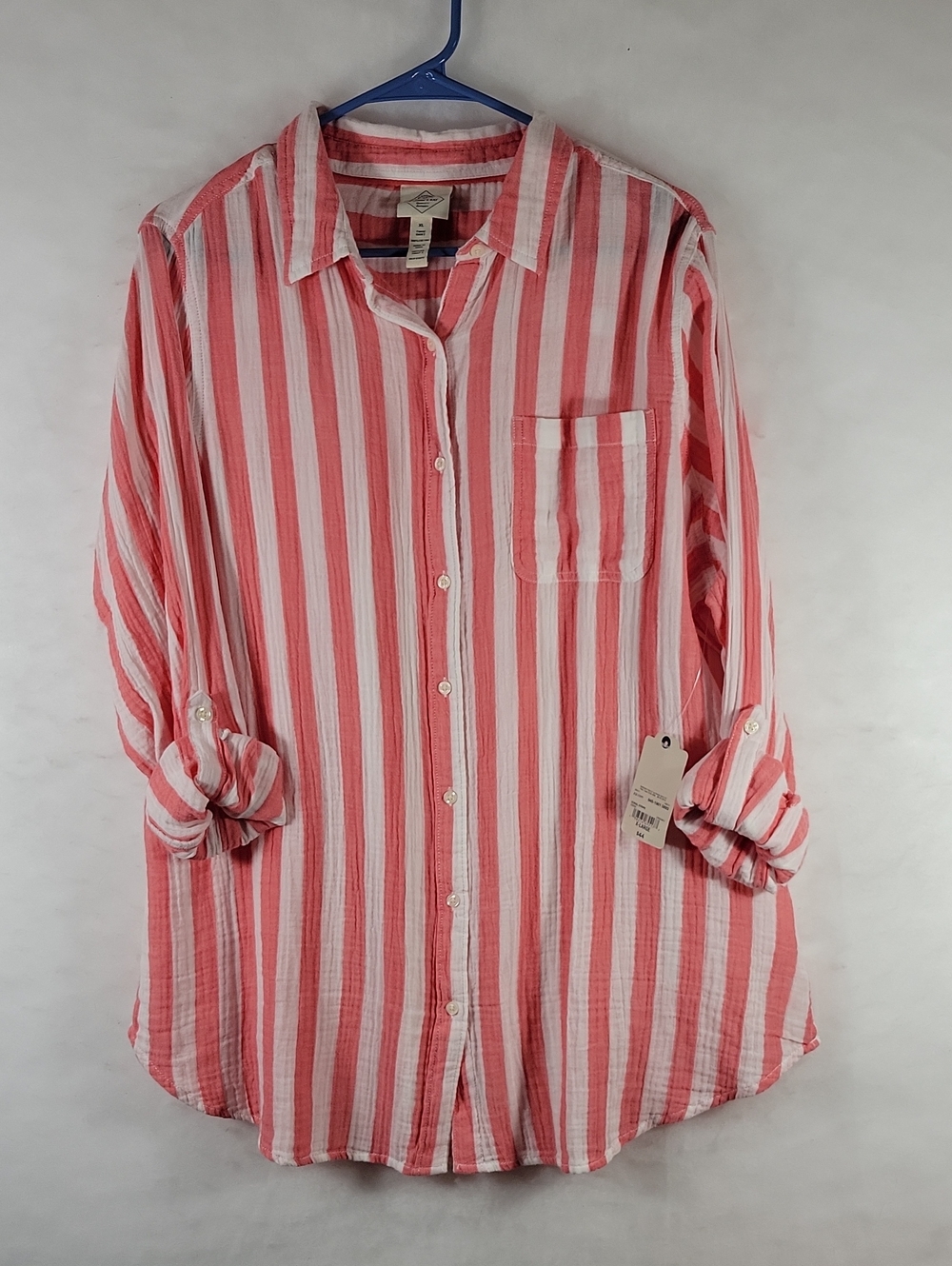 St. John's Bay Tunic Shirt Striped Cotton Shirt in Red & White XL NWT